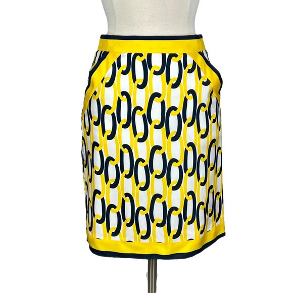 Milly New York Womens Silk Chain Print Pencil Skirt Yellow Black White size 4 - Picture 1 of 10
